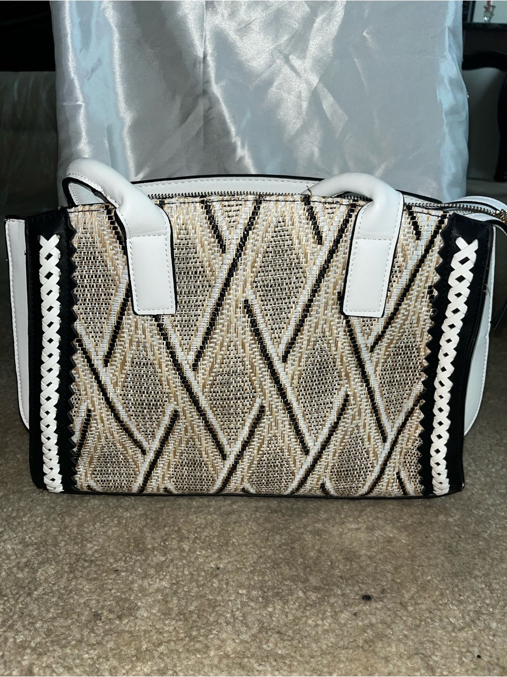Woven Pattern White and Tan Tote Bag